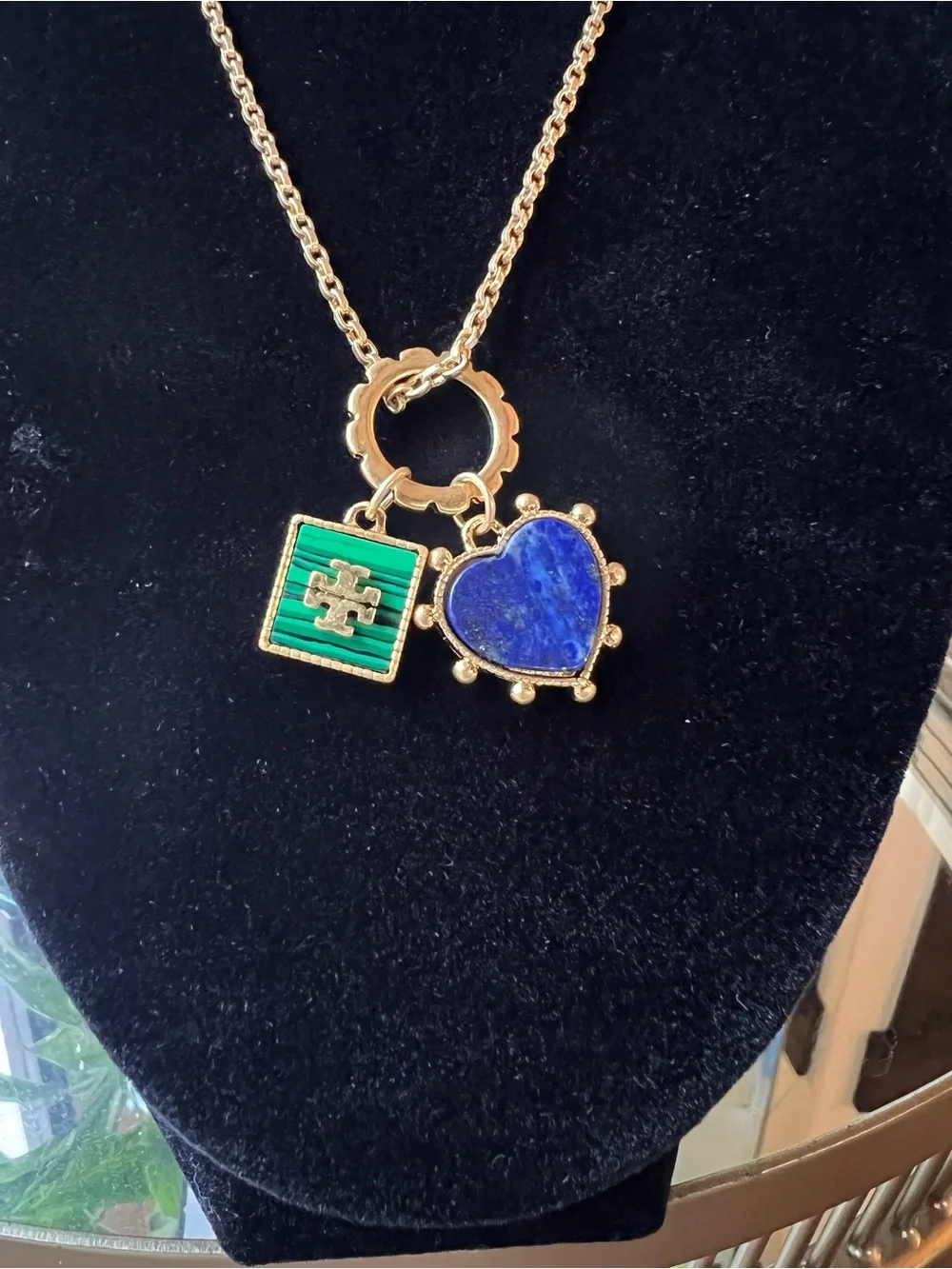 Tory Burch Gold-Tone Necklace with Blue Heart & Green Enamel Charm